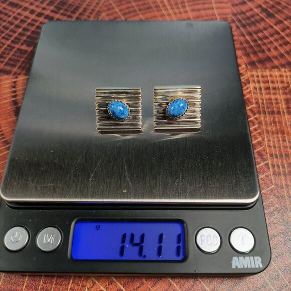 Native American Sterling Silver Denim Lapis Earrings With Ribbed Design - Picture 8 of 11